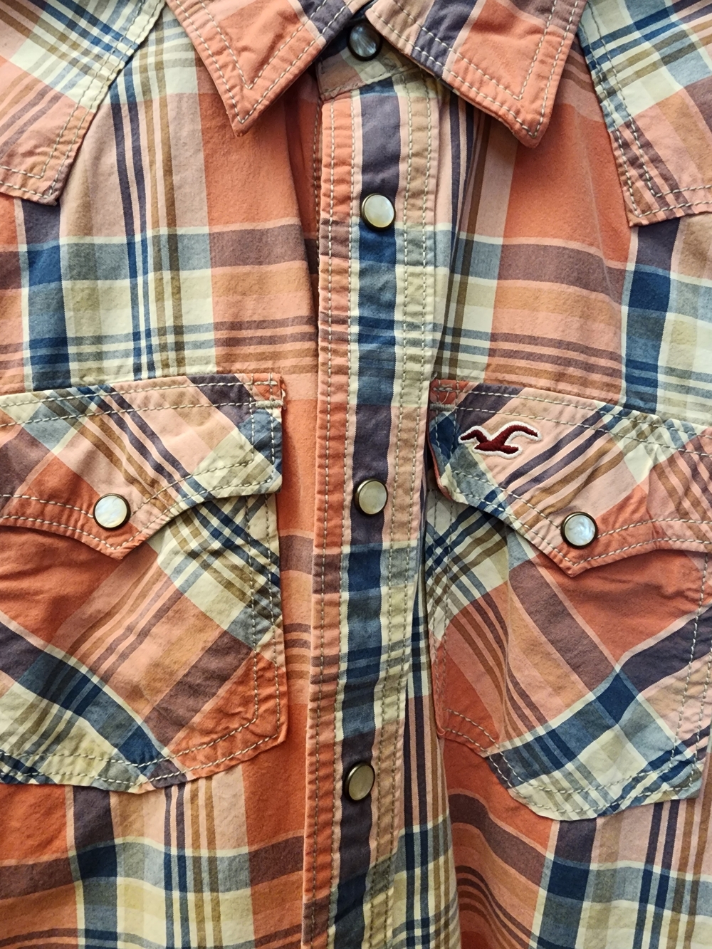 Hollister Orange and Navy Plaid Button-Down Shirt Mens Size Medium